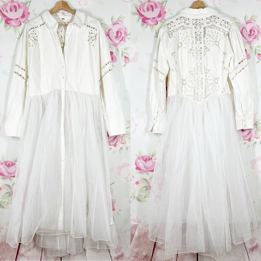 NEW Free People Bud Baby Maxi Floral Embroidered Tulle White Swan Top M